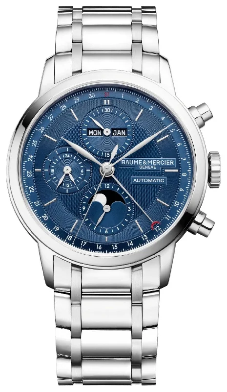 watches with alarm function for outdoor activities-Baume & Mercier Classima Automatic Chronograph Stainless Steel Blue Dial Moonphase Day/Date Month Mens Watch M0A10485