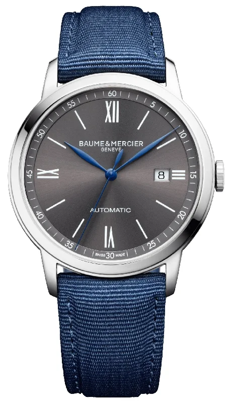 high-end watches for investment-Baume & Mercier Classima Automatic Stainless Steel Gray Dial Blue Canvas Strap Date Mens Watch M0A10608