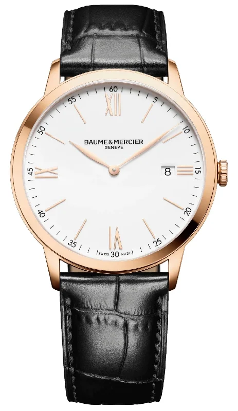 trendy watches for fashionable men-Baume & Mercier Classima Rose Gold PVD White Dial Black Leather Strap Date Quartz Mens Watch M0A10441