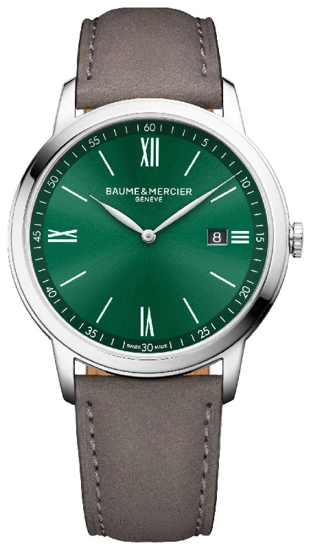 watches with world clock function for travelers-Baume & Mercier Classima Stainless Steel Green Dial Gray Brown Leather Date Quartz Mens Watch M0A10607