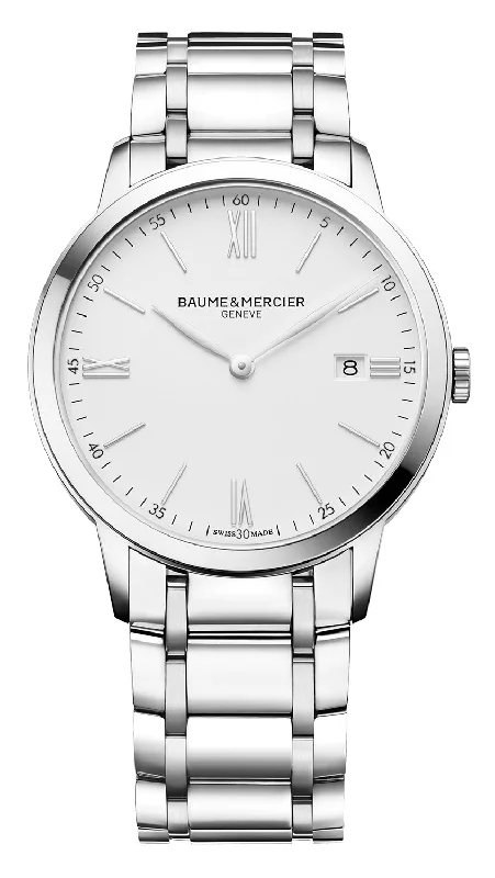 men’s watches with oversized face-Baume & Mercier Classima Stainless Steel White Dial Date Quartz Mens Watch MOA10354