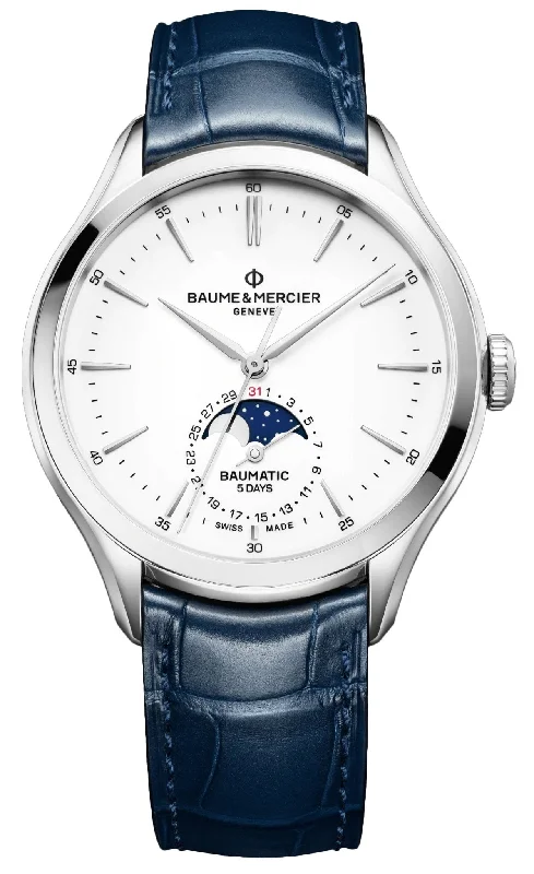 women’s watches with minimalist design-Baume & Mercier Clifton Baumatic Automatic Stainless Steel White Dial Blue Leather Strap Moonphase Date Mens Watch M0A10549