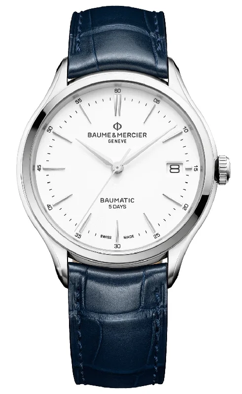 smartwatch with water resistance-Baume & Mercier Clifton Baumatic Automatic Steel White Dial Mens Strap Watch M0A10398