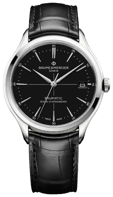 smartwatch with built-in NFC payment-Baume & Mercier Clifton Baumatic COSC Automatic Black Dial Black Leather Strap Date Mens Watch M0A10692