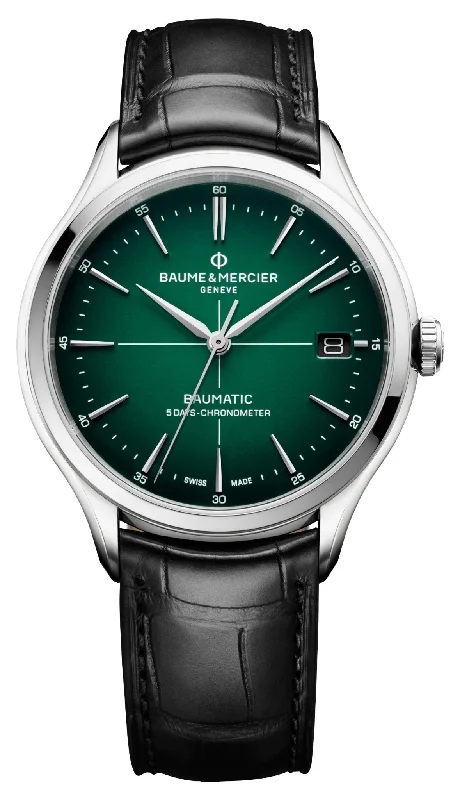 smartwatch with blood pressure monitor-Baume & Mercier Clifton Baumatic COSC Automatic Stainless Steel Green Dial Black Leather Strap Date Mens Watch M0A10592