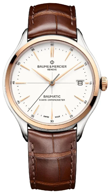 titanium watches for extreme durability-Baume & Mercier Clifton Baumatic COSC Automatic Stainless Steel & Rose Gold White Dial Brown Leather Strap Date Mens Watch M0A10519