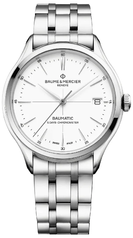 smartwatch with blood glucose monitor-Baume & Mercier Clifton Baumatic COSC Automatic Stainless Steel White Dial Date Mens Watch M0A10505