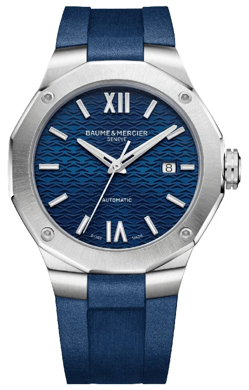 budget-friendly watches for young adults-Baume & Mercier Riviera Automatic Stainless Steel Blue Dial Blue Rubber Strap Date Mens Watch M0A10619