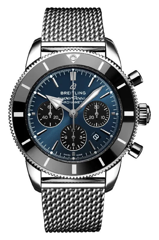 watches for men with metal bracelet-Breitling Superocean Heritage Automatic Chronograph Stainless Steel Blue Dial Mesh Date Divers Mens Watch AB0162121C1A1