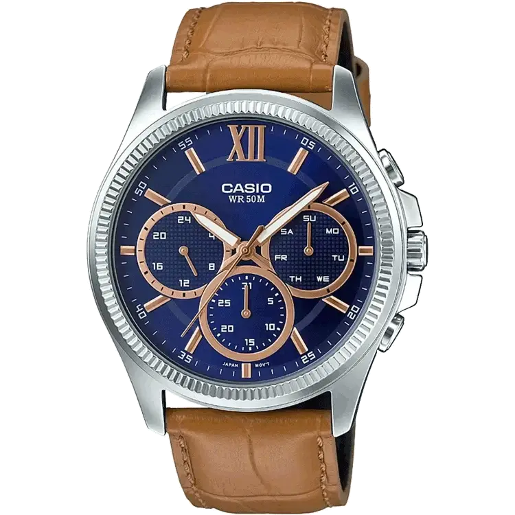 watches with date and time zone functions-Casio A1357 MTP-E315L-2AVDF Enticer Men