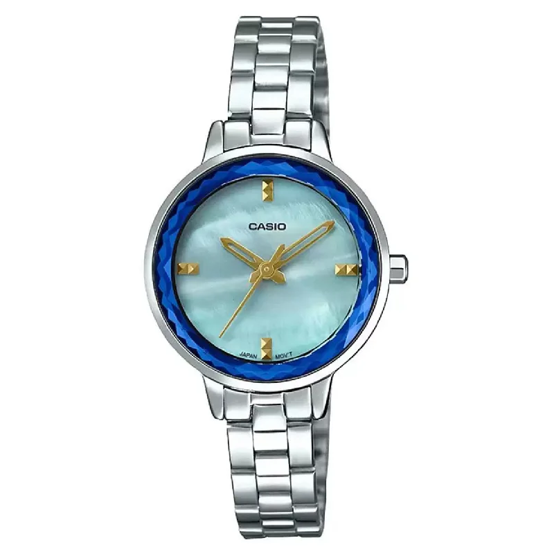 waterproof watches for swimming-Casio Enticer Blue Dial Women 28mm