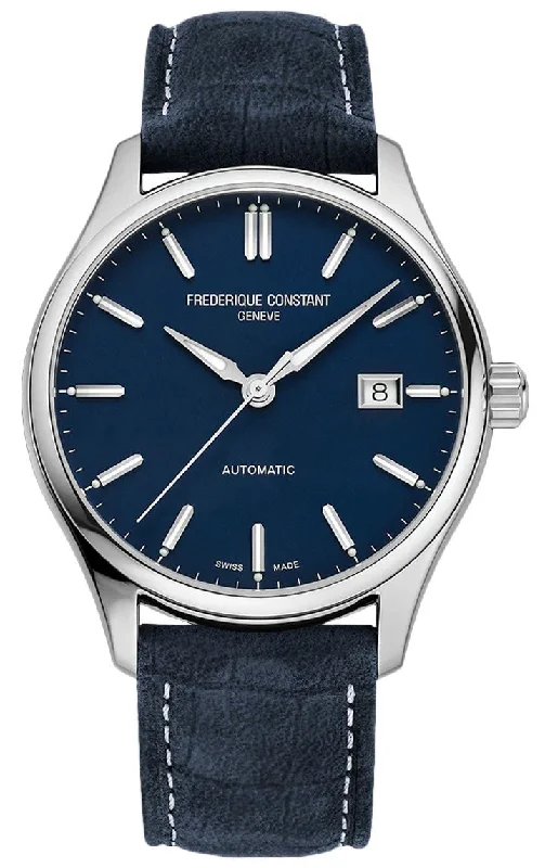 waterproof watches with long battery life-Frederique Constant Classics Index Automatic Stainless Steel Blue Dial Blue Leather Strap Date Mens Watch FC-303NN5B6