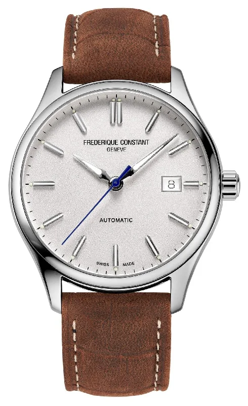 watches with multiple time zone features-Frederique Constant Classics Index Automatic Stainless Steel Silver Dial Brown Leather Strap Date Mens Watch FC-303NS5B6