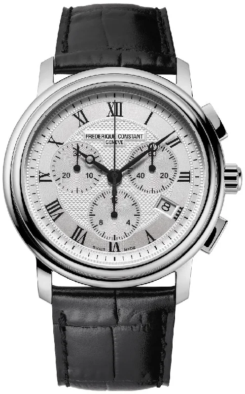 vintage watches for men with leather strap-Frederique Constant Persuasion Quartz Chronograph Stainless Steel Silver Dial Black Leather Strap Date Mens Watch FC-292MC4P6