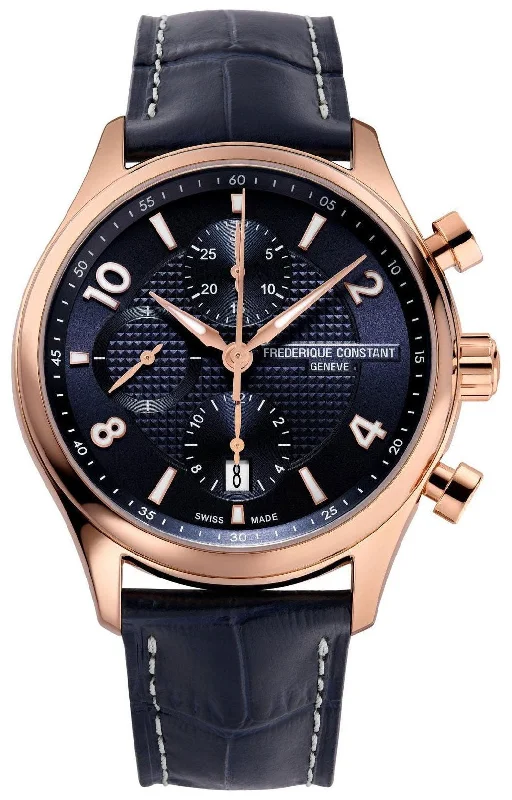 watches for people with poor eyesight-Limited Edition Frederique Constant Runabout RHS Chronograph Automatic Rose Gold Plated Steel Blue Leather  Date Mens Watch FC-392RMN5B4