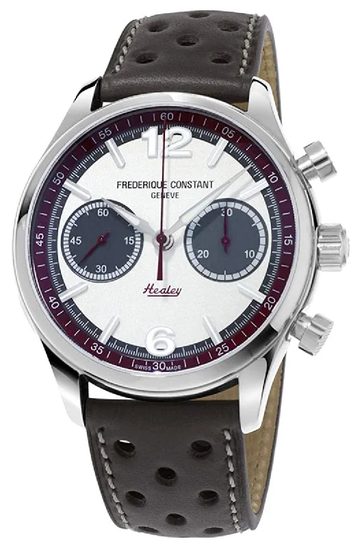 watches for marathon runners-Limited Edition Frederique Constant Vintage Rally Healey Chronograph Automatic Stainless Steel Silver Dial Gray Leather Strap Mens Watch FC-397HSG5B6