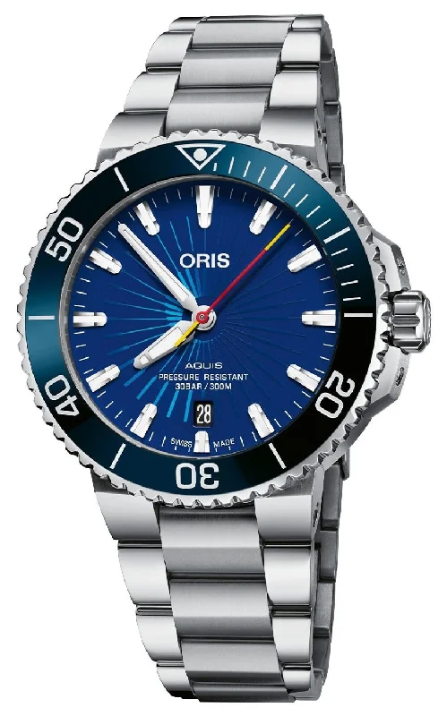 eco-friendly wristwatches-Limited Edition Oris Aquis Sun Wukong Automatic Stainless Steel Blue Dial Date Divers Mens Watch 733 7766 4185-Set