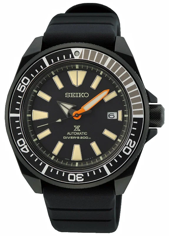 watches with bright neon lights-Limited Edition Seiko Prospex Black Series Automatic Black PVD Black Dial Black Silicone Strap Date Divers Mens Watch SRPH11K1