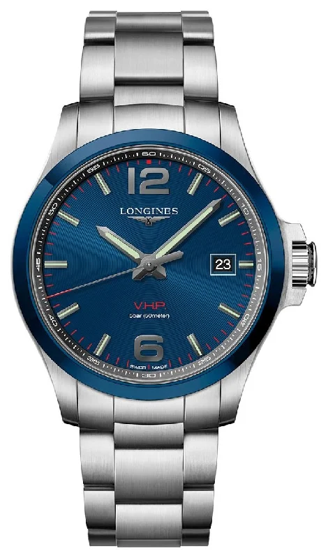 watches for extreme weather conditions-Longines Conquest V.H.P. Ceramic & Stainless Steel Blue Dial Perpetual Calendar Date Quartz Mens Watch L3.729.4.96.6