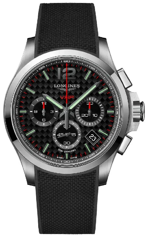 hybrid watches with both analog and digital displays-Longines Conquest V.H.P. Chronograph Stainless Steel Black Dial Black Rubber Strap Perpetual Calendar Date Quartz Mens Watch L3.717.4.66.9