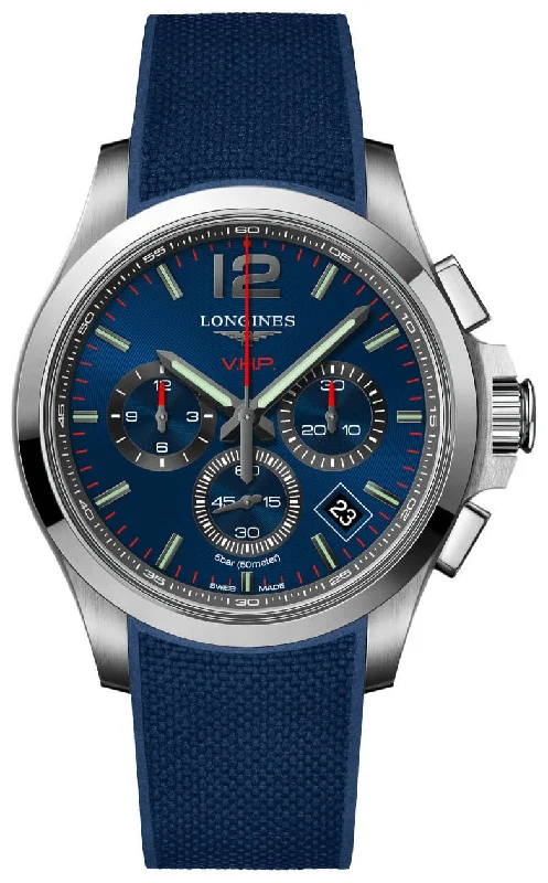 watches with interchangeable bands for fashion flexibility-Longines Conquest V.H.P. Chronograph Stainless Steel Blue Dial Blue Rubber Strap Perpetual Calendar Date Quartz Mens Watch L3.717.4.96.9