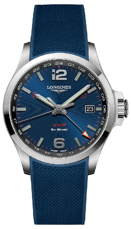 watches with built-in fitness tracker for weight loss-Longines Conquest V.H.P. GMT Stainless Steel Blue Dial Blue Rubber Strap Perpetual Calendar Date Quartz Mens Watch L3.728.4.96.9