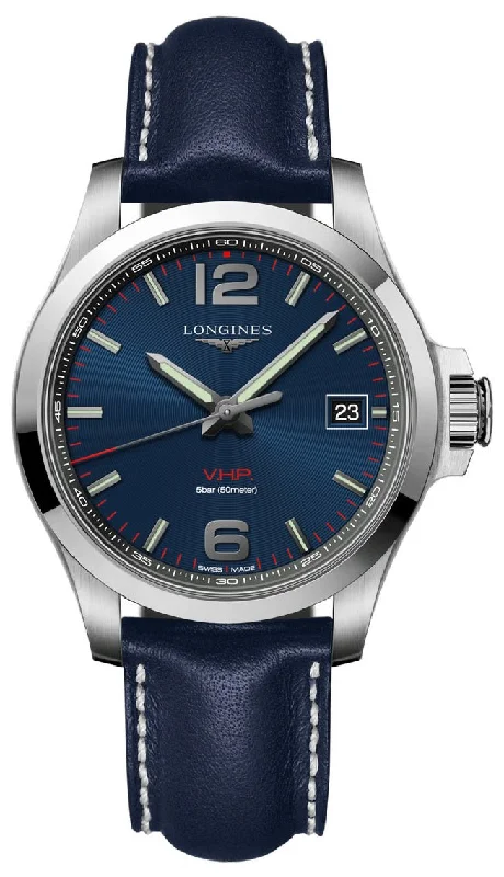 waterproof fitness trackers for swimming-Longines Conquest V.H.P. Stainless Steel Blue Dial Blue Leather Strap Perpetual Calendar Date Quartz Mens Watch L3.716.4.96.0