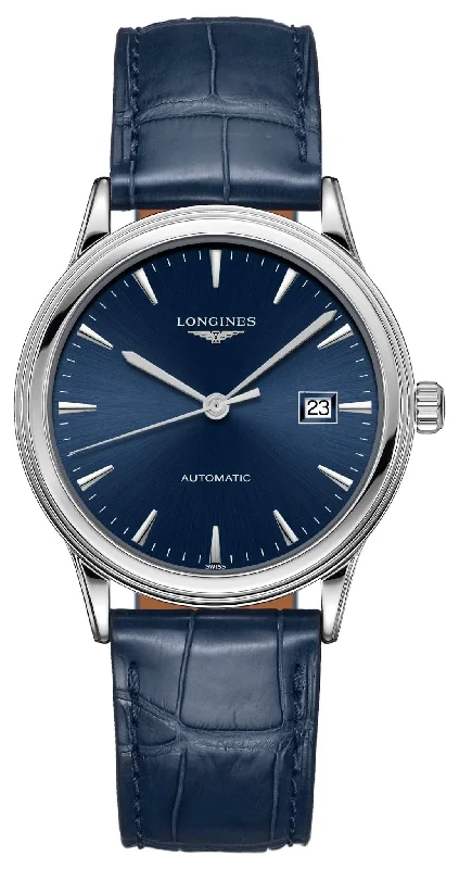 high-end women’s watches with stainless steel case-Longines Flagship Automatic Stainless Steel Blue Dial Blue Leather Strap Date Mens Watch L4.984.4.92.2