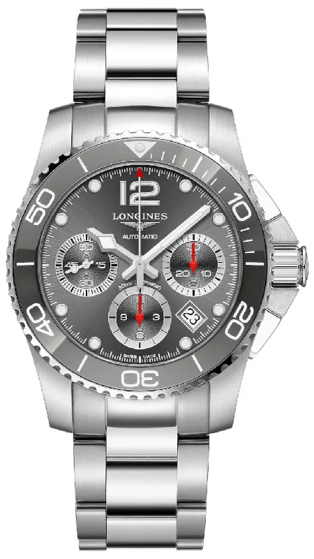 smartwatches for youth with educational features-Longines HydroConquest Automatic Chronograph Stainless Steel Gray Dial Date Divers Mens Watch L3.783.4.76.6