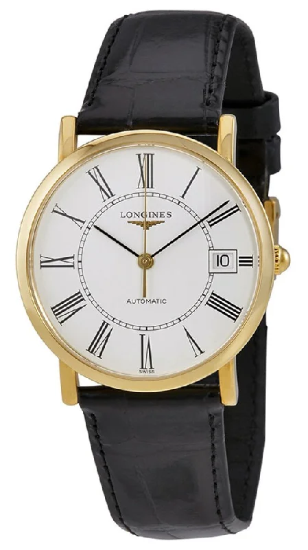 smartwatch with weather updates-Longines Presence Automatic 18K Yellow Gold White Dial Black Leather Strap Date Mens Watch L4.778.6.11.0