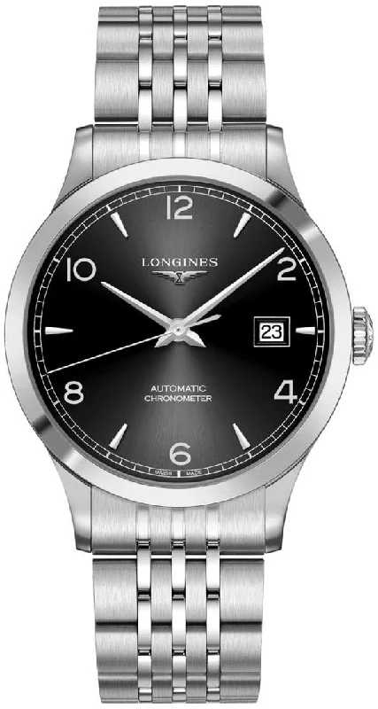 luxury watches for men-Longines Record Automatic COSC Stainless Steel Black Dial Date Mens Watch L2.821.4.56.6