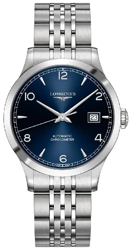 vintage style wristwatches-Longines Record Automatic COSC Stainless Steel Blue Dial Date Mens Watch L2.820.4.96.6