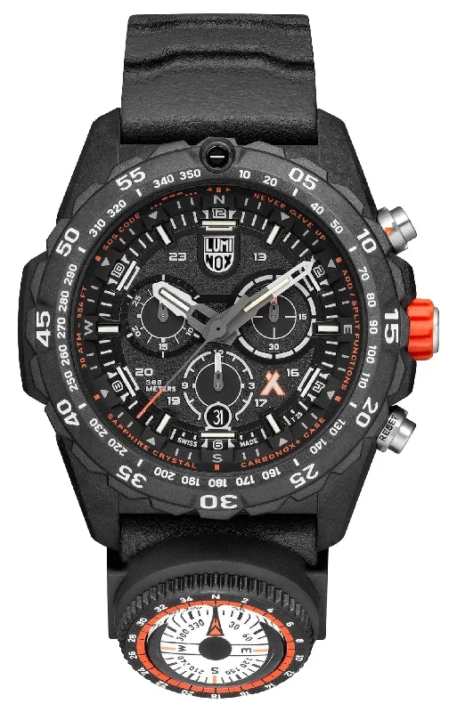 watches for men with metal bracelet-Luminox Bear Grylls Survival Chronograph CARBONOX+ Black Dial Black Rubber Strap Compass Date Divers Quartz Mens Watch XB.3741