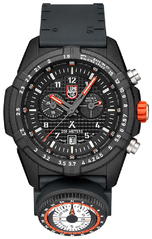 outdoor adventure watches with compass-Luminox Bear Grylls Survival Chronograph CARBONOX Black Dial Black Rubber Strap Compass Date Divers Quartz Mens Watch XB.3782.MI