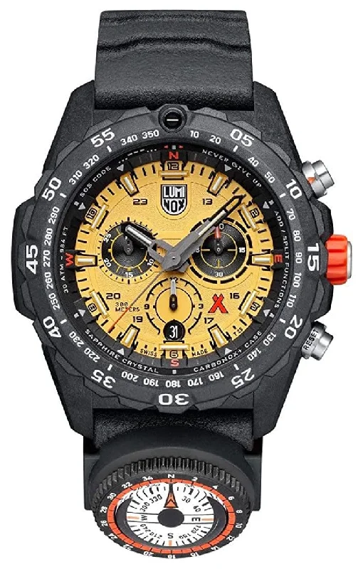 best watches for cycling enthusiasts-Luminox Bear Grylls Survival Chronograph CARBONOX Yellow Dial Black Rubber Strap Compass Date Divers Quartz Mens Watch XB.3745