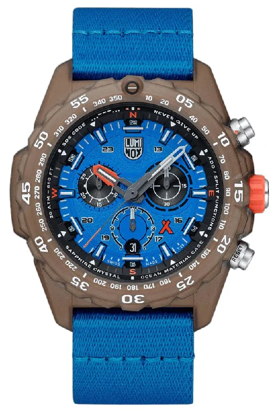 designer watches for fashion lovers-Luminox Bear Grylls Survival ECO Master Chronograph Blue Dial Blue Textile Strap Date Divers Quartz Mens Watch XB.3743.ECO