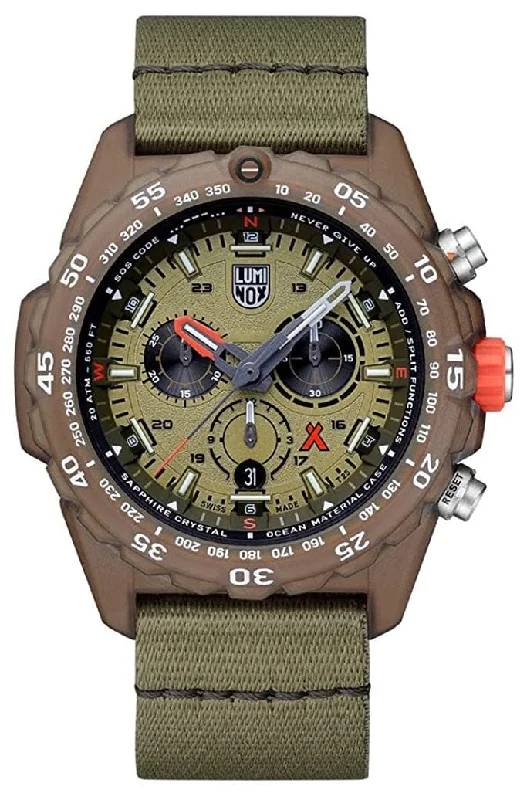 watches for hiking with altimeter-Luminox Bear Grylls Survival ECO Master Chronograph Green Dial Green Textile Strap Date Divers Quartz Mens Watch XB.3757.ECO