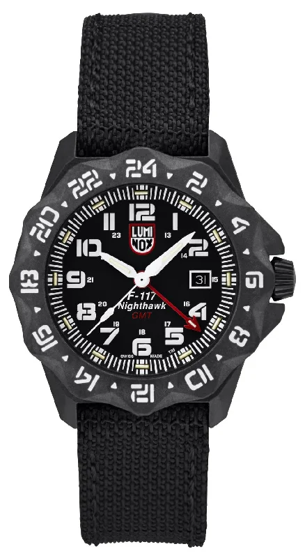 classic black watches for men-Luminox F-117 Nighthawk GMT CARBONOX+ Black Dial Black Kevlar Strap Date Divers Quartz Mens Watch XA.6441