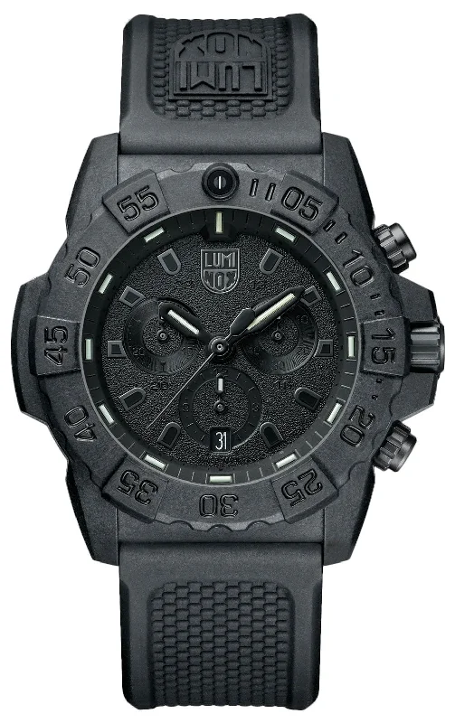 watches for kids with silicone straps-Luminox Navy SEAL Chronograph CARBONOX Black Dial Black Rubber Strap Date Divers Quartz Mens Watch XS.3581.BO