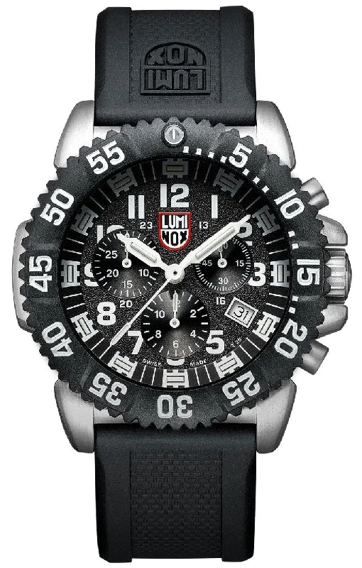 men’s watches with interchangeable bezels-Luminox Navy SEAL Colormark Chronograph Stainless Steel Black Dial Black Rubber Strap Date Divers Quartz Mens Watch XS.3181.F