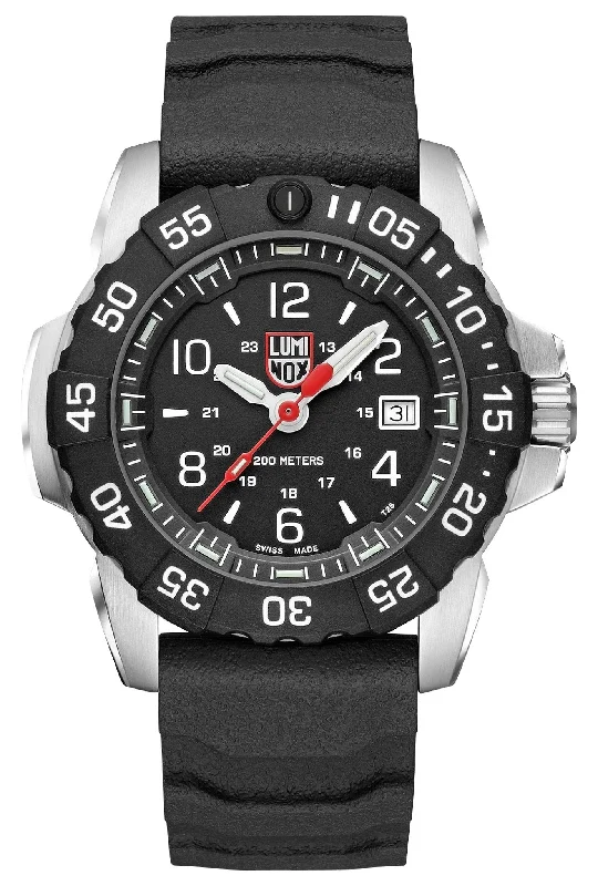 sleek watches for business meetings-Luminox Navy SEAL Stainless Steel Black Dial Black Rubber Strap Date Divers Quartz Mens Watch XS.3251.CB