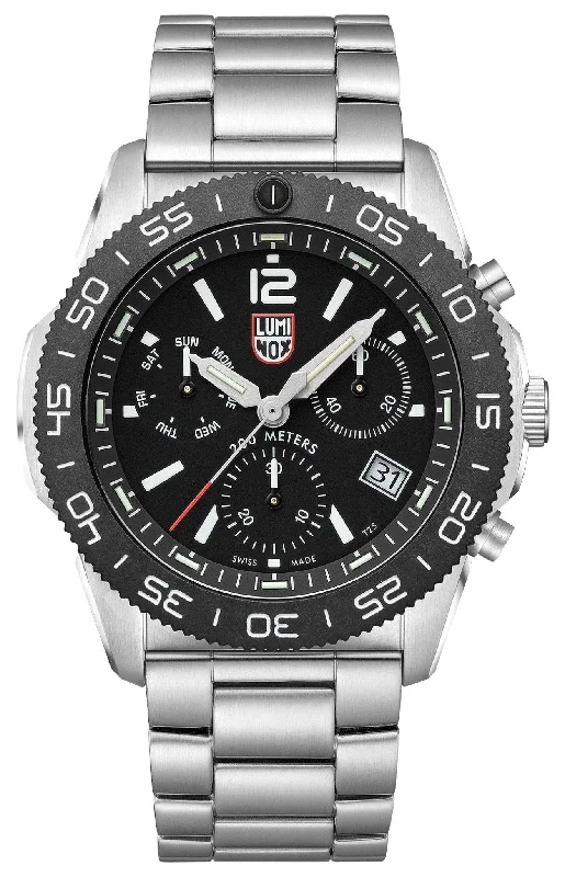 watches with rotating bezel for diving-Luminox Pacific Diver Chronograph Stainless Steel Black Dial Day/Date Divers Quartz Mens Watch XS.3142