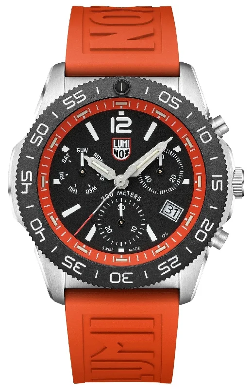 mechanical watches for watch collectors-Luminox Pacific Diver Chronograph Stainless Steel Black Dial Orange Rubber Strap Day/Date Divers Quartz Mens Watch XS.3149