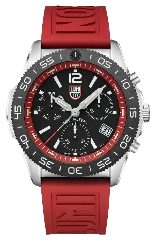 watches with bright neon lights-Luminox Pacific Diver Chronograph Stainless Steel Black Dial Red Rubber Strap Day/Date Divers Quartz Mens Watch XS.3155