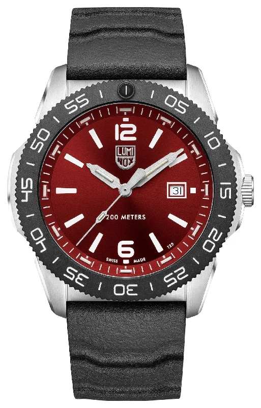 watches for travel and time zone management-Luminox Pacific Diver Stainless Steel Red Dial Black Rubber Strap Date Divers Quartz Mens Watch XS.3135