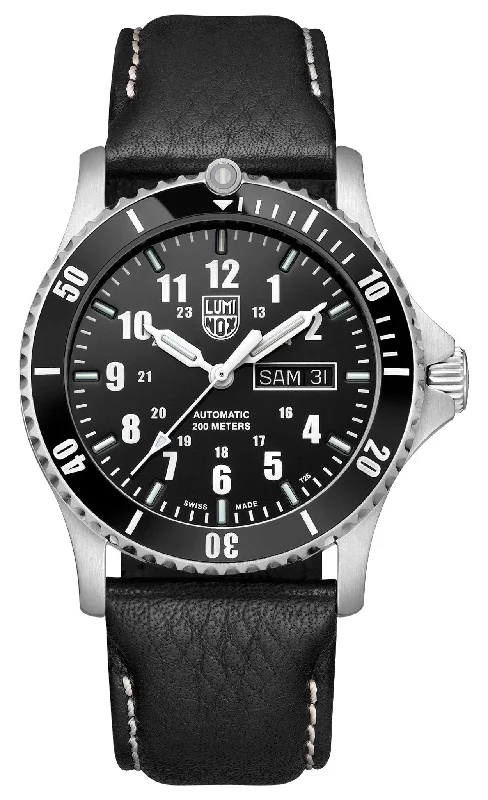 solar watches for eco-conscious buyers-Luminox Sport Timer Automatic Stainless Steel Black Dial Black Leather Strap Day/Date Divers Mens Watch XS.0921