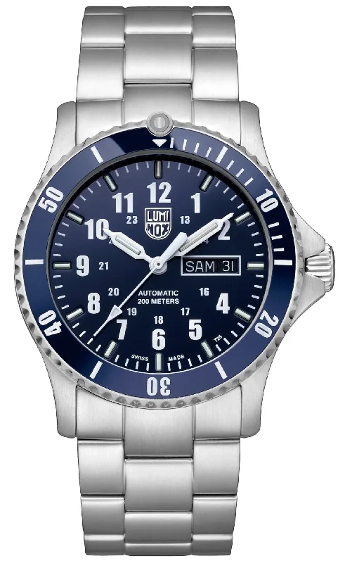 high-end watches for investment-Luminox Sport Timer Automatic Stainless Steel Blue Dial Day/Date Divers Mens Watch XS.0924