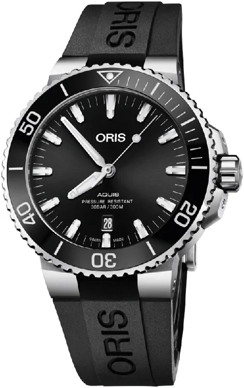 fitness watches with pedometer-Oris Aquis Automatic Stainless Steel Black Dial Black Rubber Strap Date Divers Mens Watch 733 7730 4134-07 4 24 64EB