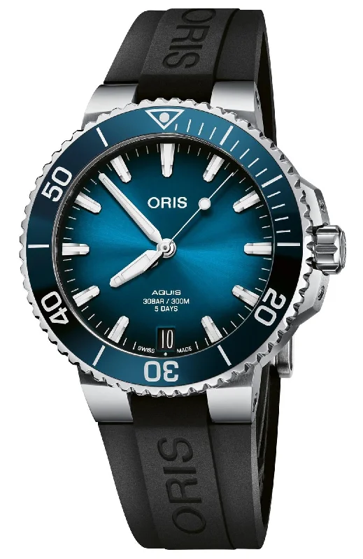 women’s watches with rose gold finish-Oris Aquis Automatic Stainless Steel Blue Dial Black Rubber Strap Date Divers Mens Watch 400 7769 4135-07 4 22 74FC