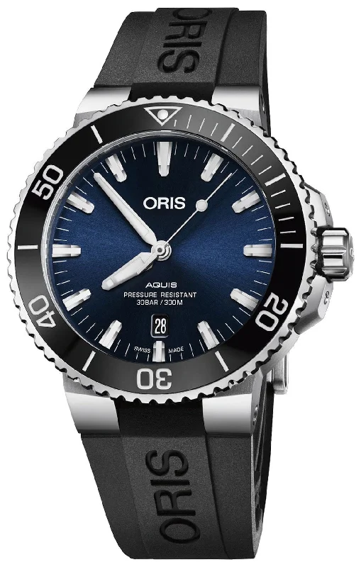 watch brands with lifetime warranty-Oris Aquis Automatic Stainless Steel Blue Dial Black Rubber Strap Date Divers Mens Watch 733 7766 4135-07 4 22 64FC